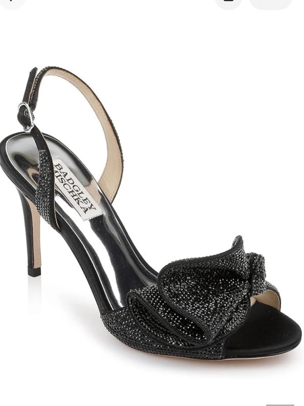 Badgley Mischka Rennie Heeled Sandal Black Satin Crystal Ruffle Slingback 6.5